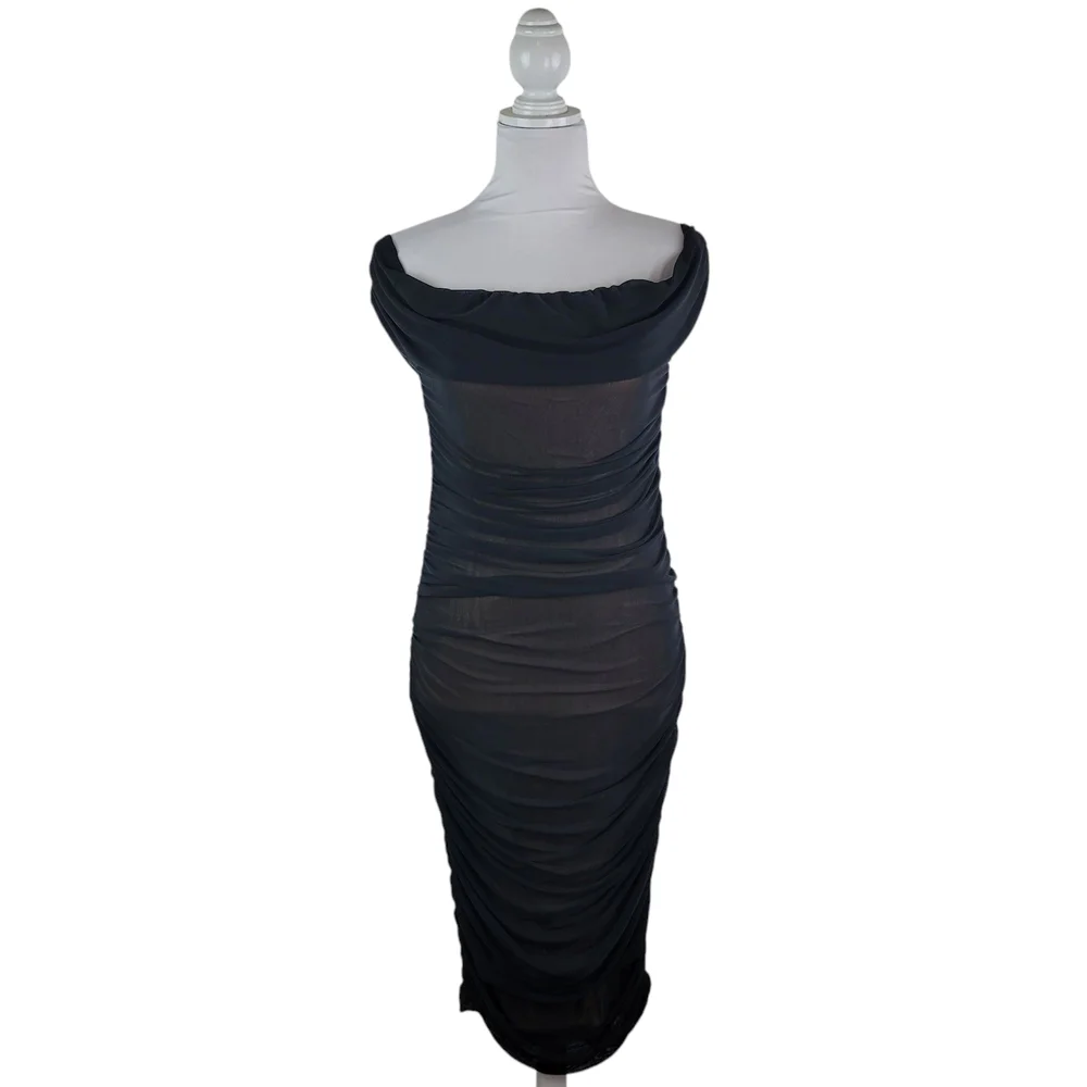 Off-Shoulder Black Ruched Bodycon Dress - Picture 3 of 11